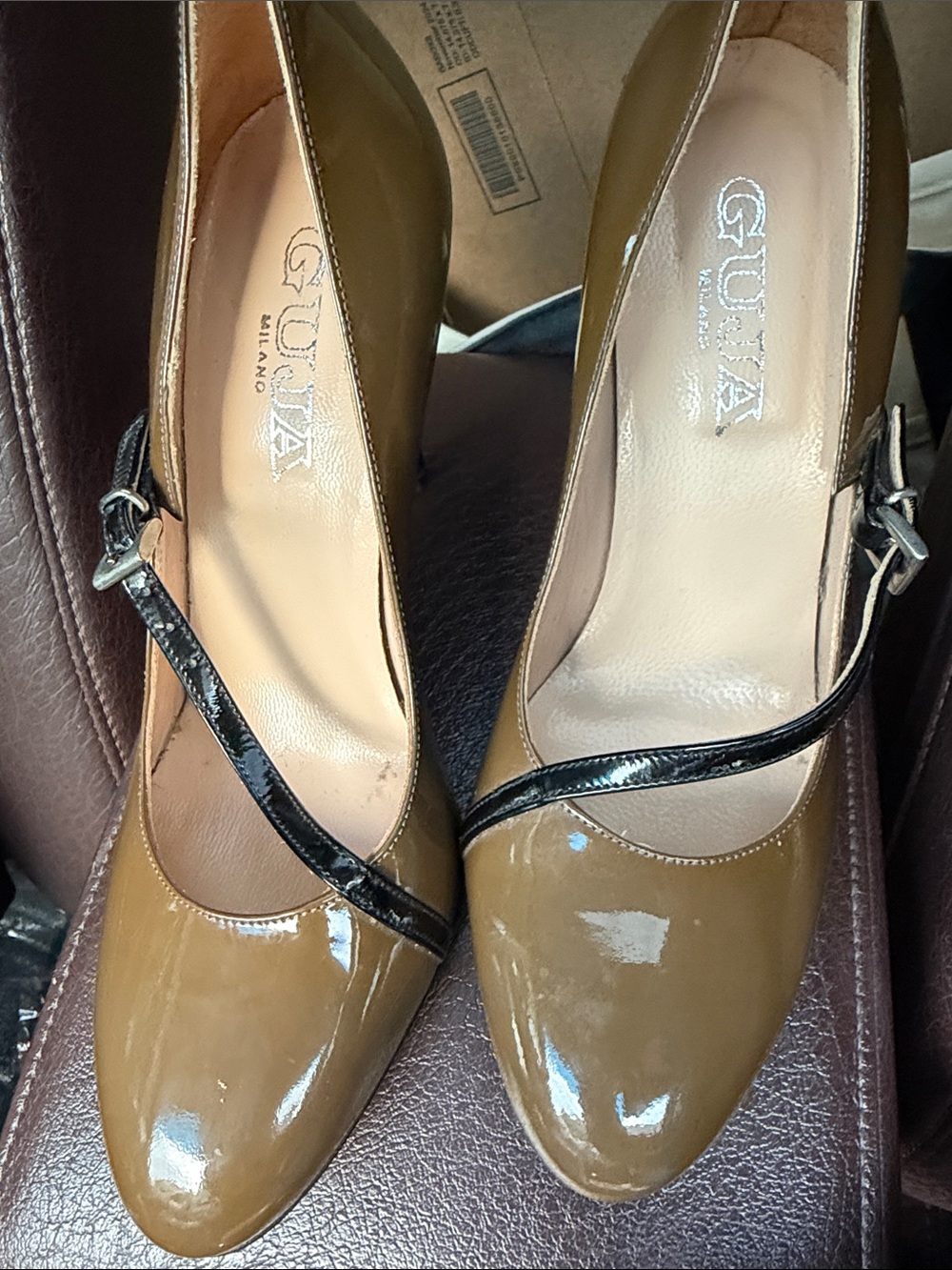 Milano Guja Women's Patent Leather Tan Pumps with Black Strap